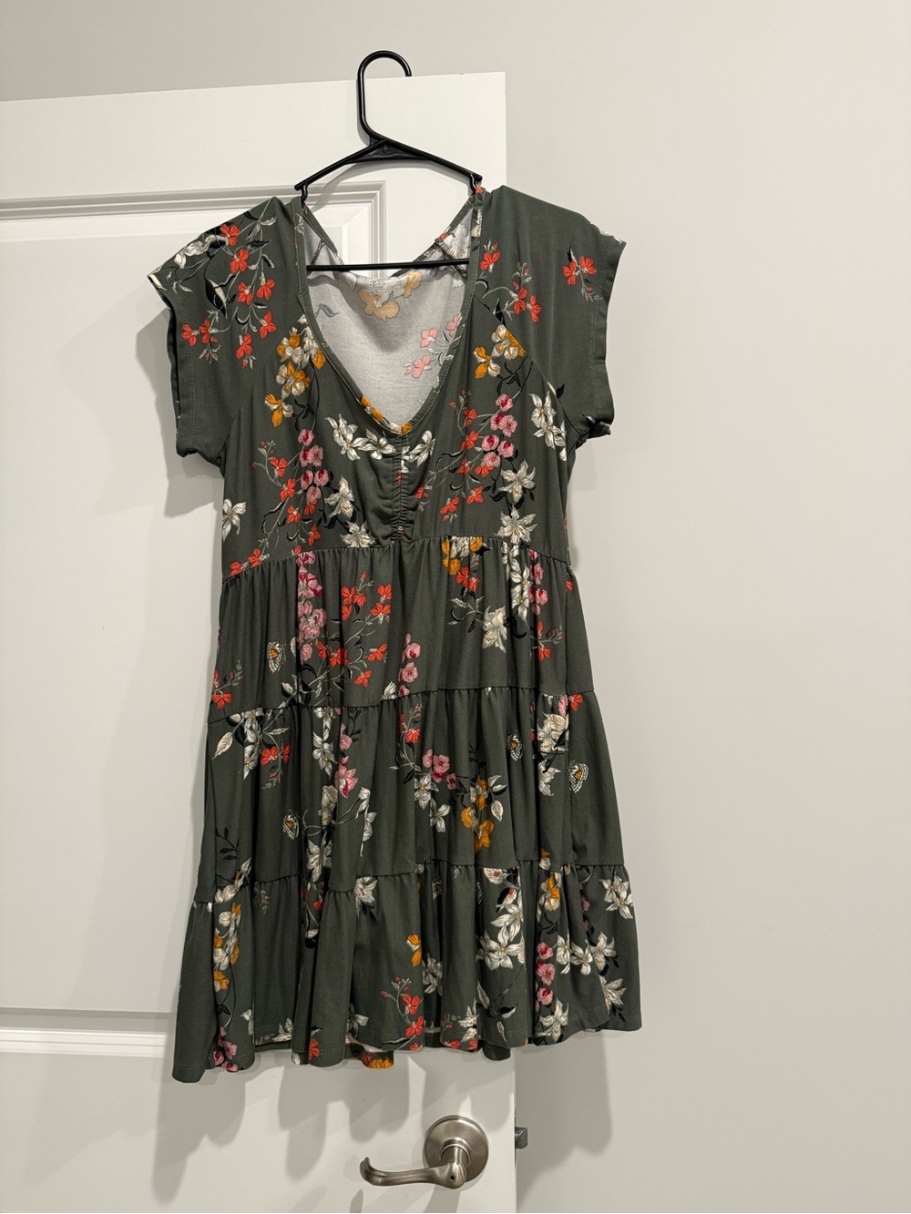 No Boundaries Olive Green Floral Tiered Mini Dress